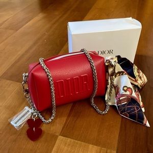 Dior Beauté red pouch clutch with straps and extras NWOT